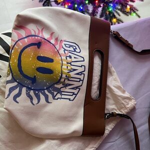 Ganni White and Brown Canvas Tote with Colorful Sun Design